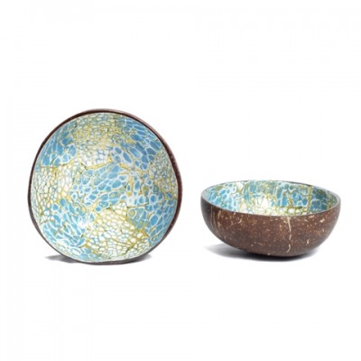 Side and inside view of blue coconut bowl inlaid with eggshell and gold.