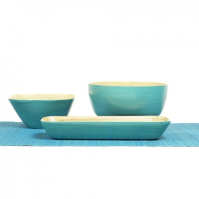 Set of square, round and rectangular aqua bamboo serving bowls.