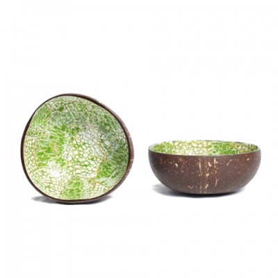 Side and inside view of green coconut bowl with eggshell and gold.