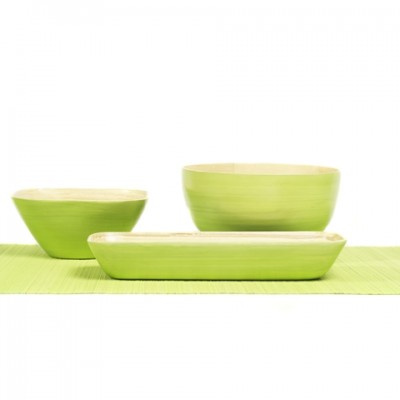 Apple green bamboo serving bowls in different shapes and sizes.