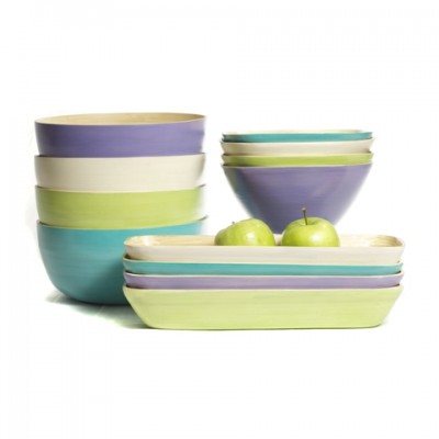 Eco friendly bamboo serving bowls in lavender, apple green and aqua in a range of shapes.