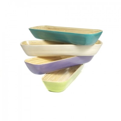 Eco friendly long rectangular bamboo bowls in aqua, white, lavender purple and apple green.