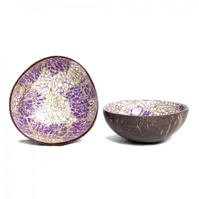 Side and inside view of purple coconut bowl inlaid with eggshell and gold.