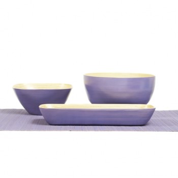 Set of square, round and rectangular lavender purple bamboo serving bowls.