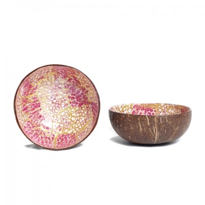 Side and inside view of red coconut bowl inlaid with eggshell and gold.