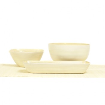 Set of square, round and rectangular white bamboo serving bowls.