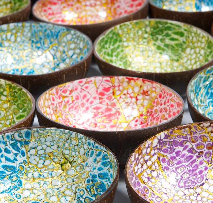 Inside view of coconut bowls in a variety of colours.