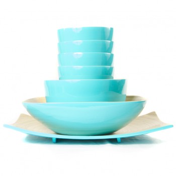 Full set of eco friendly aqua bamboo bowls in different sizes and a platter.